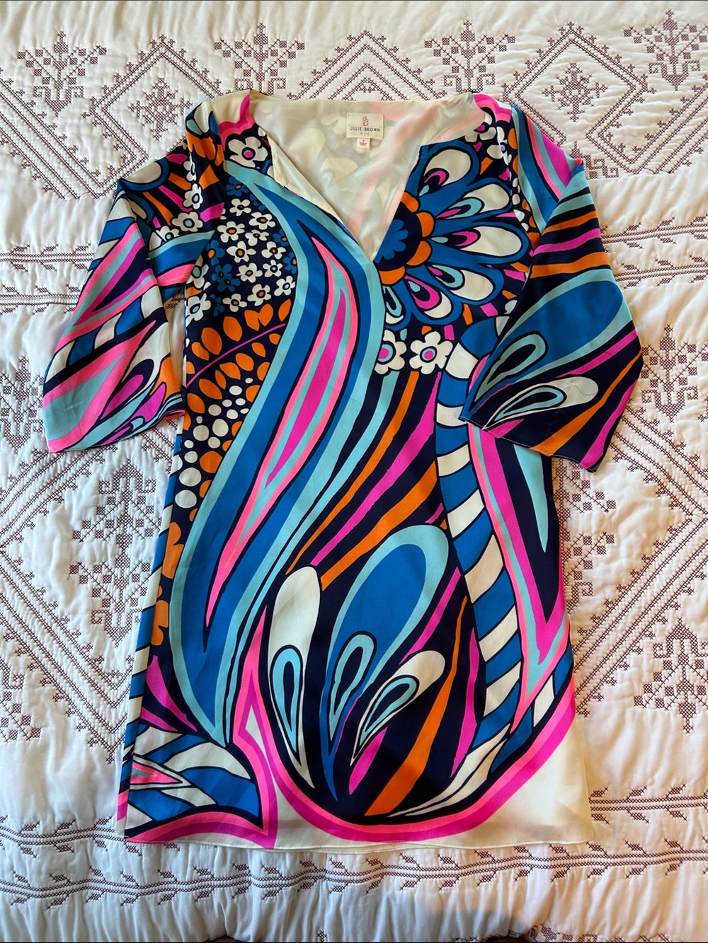 JB by Julie Brown Bold Abstract Silk Shift Dress — Blue, Pink & Orange